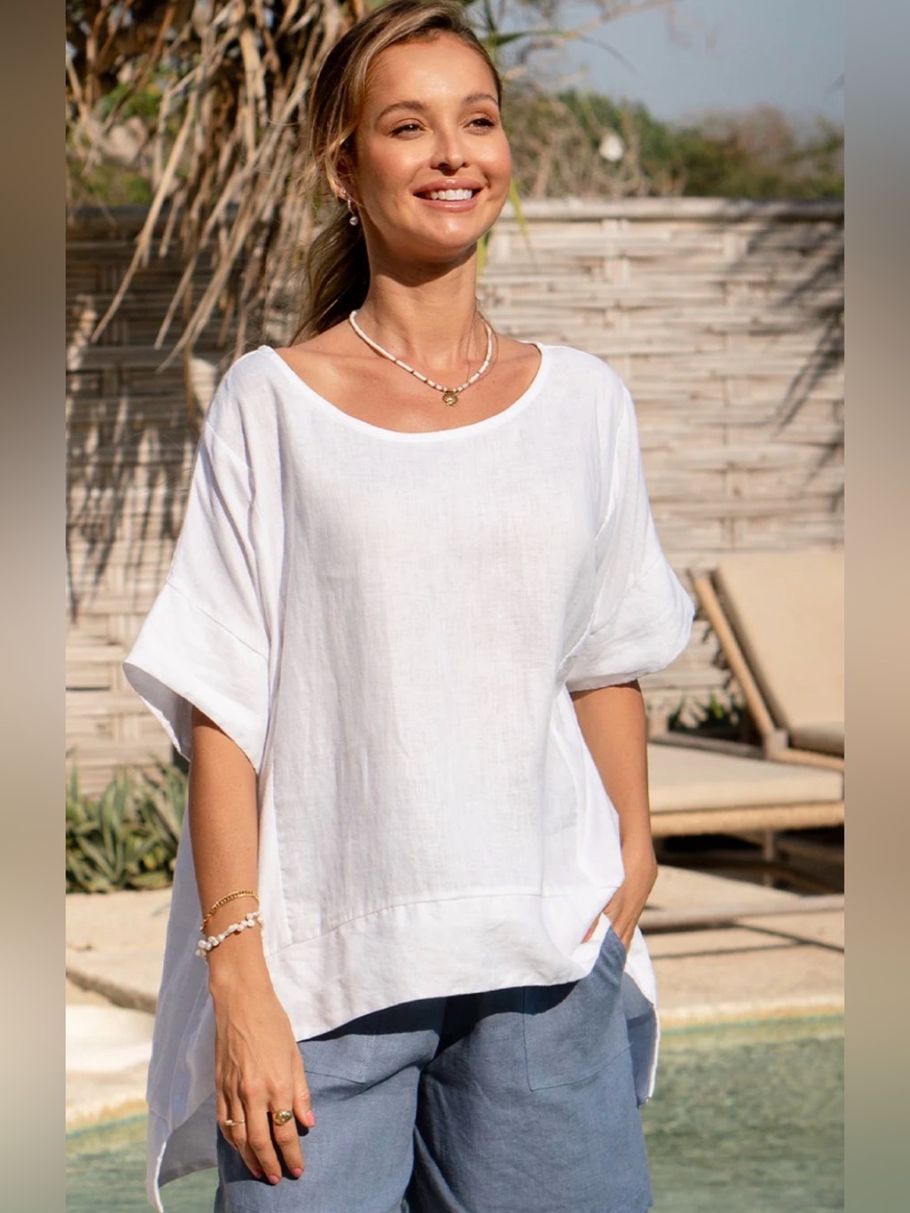 BECASA White Linen Lagenlook Summer Resortwear Minimalist Oversize Top Size OS